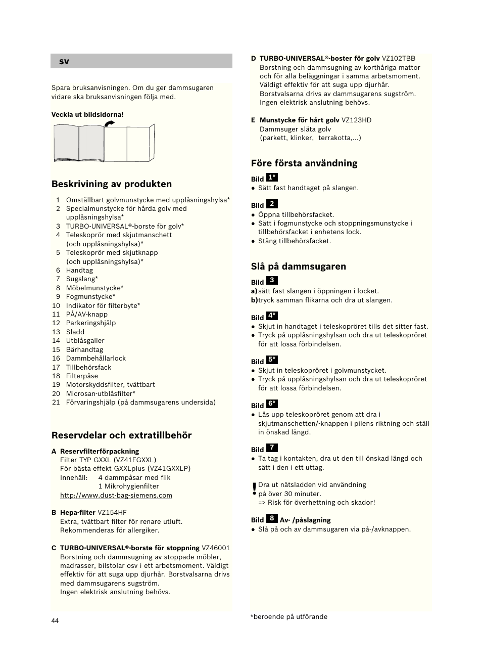 Beskrivining av produkten, Reservdelar och extratillbehör, Före första användning | Slå på dammsugaren | Siemens VSZ5GPX2 User Manual | Page 50 / 94