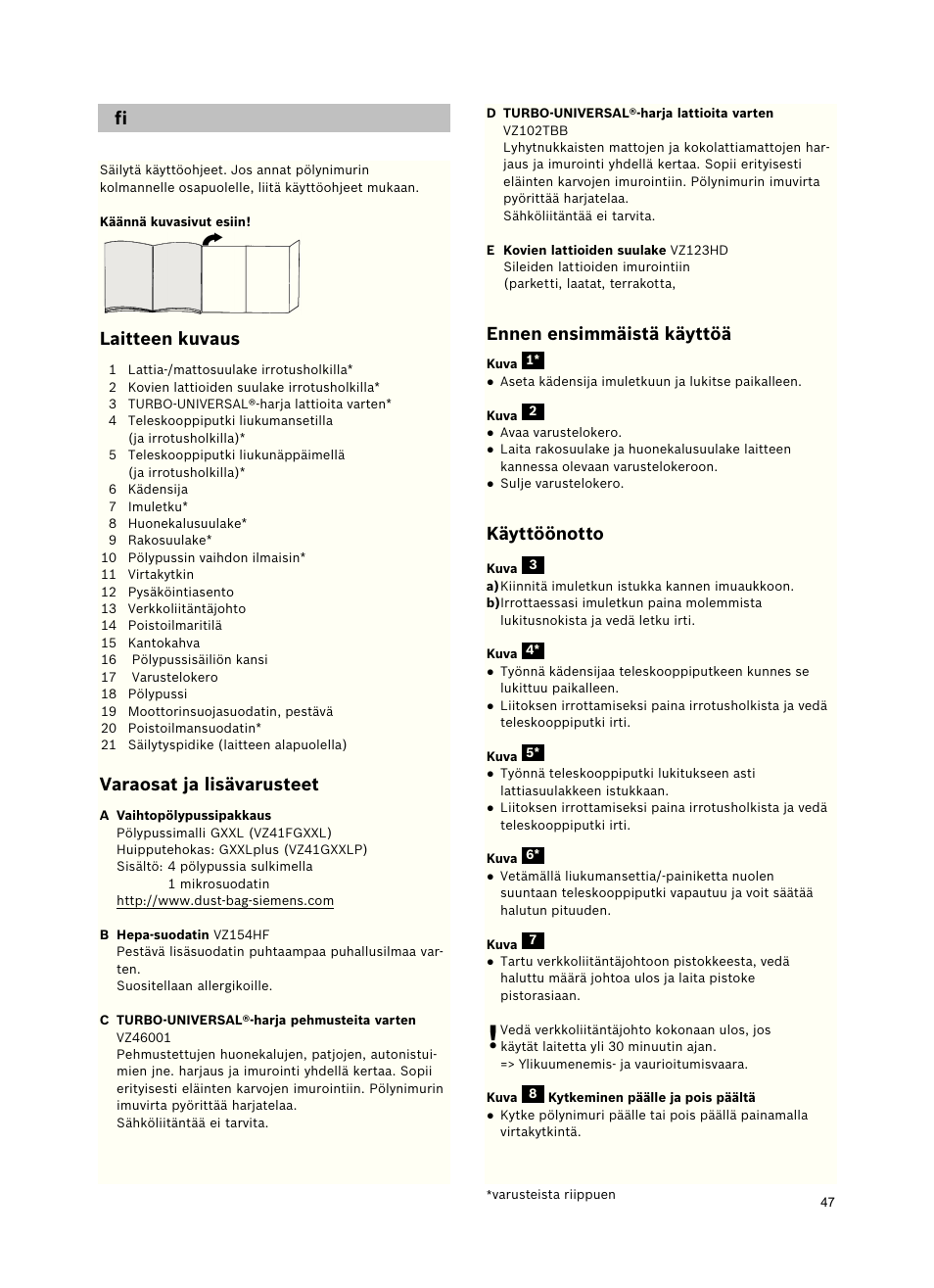 Laitteen kuvaus, Varaosat ja lisävarusteet, Ennen ensimmäistä käyttöä | Käyttöönotto | Siemens VSZ5GPX2 User Manual | Page 53 / 94