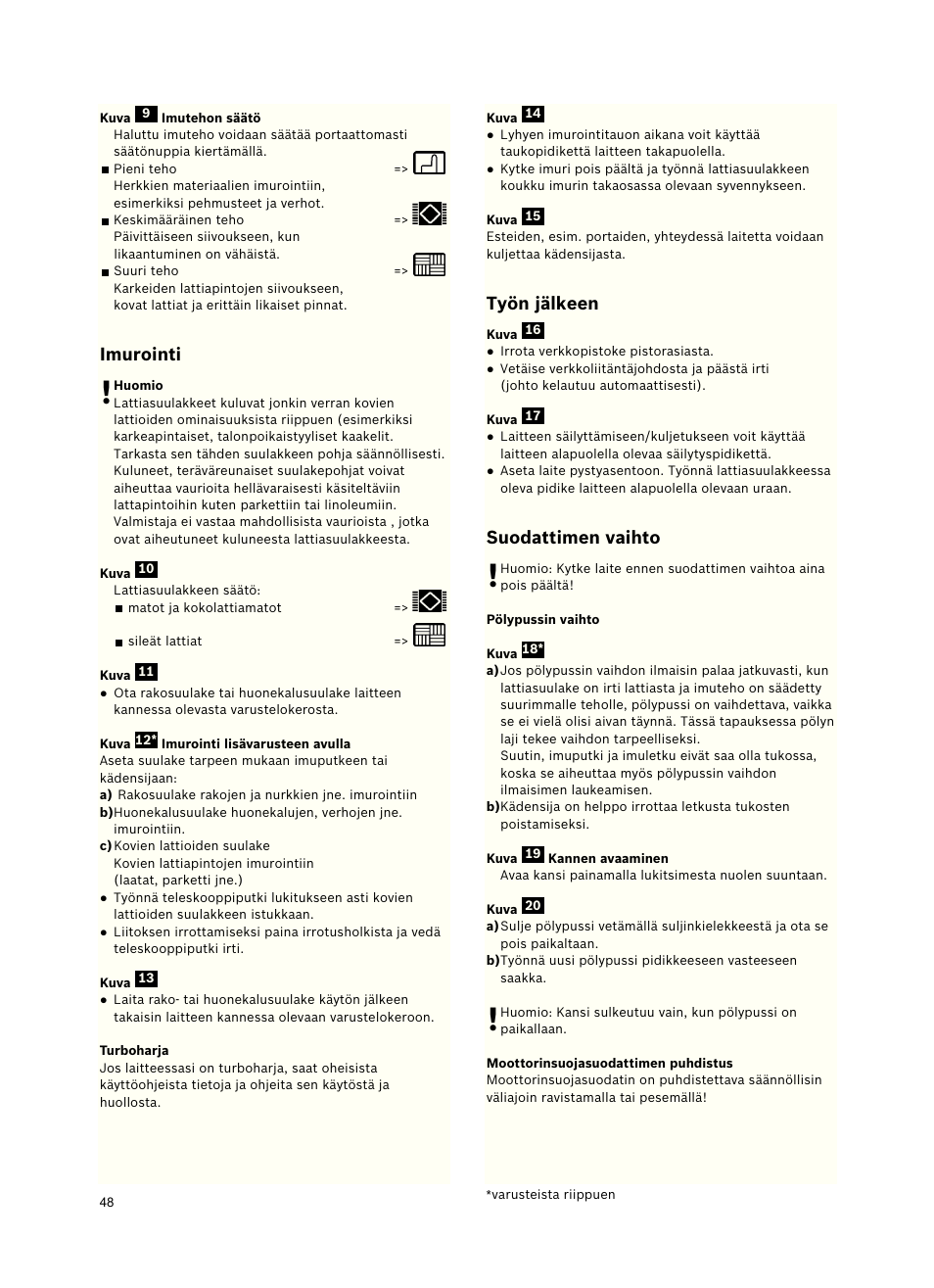 Imurointi, Työn jälkeen, Suodattimen vaihto | Siemens VSZ5GPX2 User Manual | Page 54 / 94