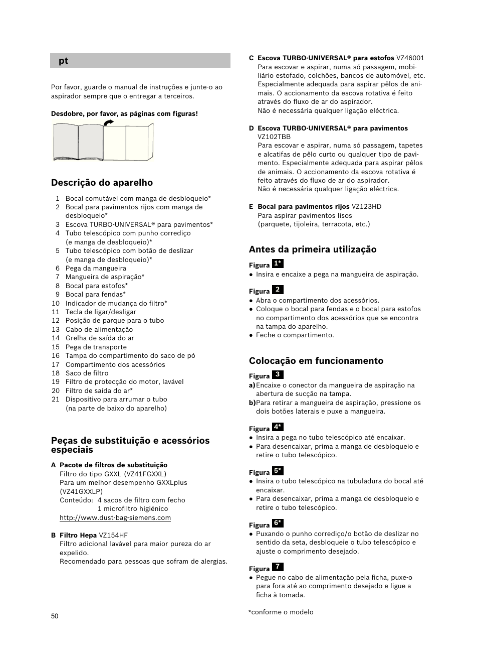 Antes da primeira utilização, Colocação em funcionamento, Descrição do aparelho | Peças de substituição e acessórios especiais | Siemens VSZ5GPX2 User Manual | Page 56 / 94