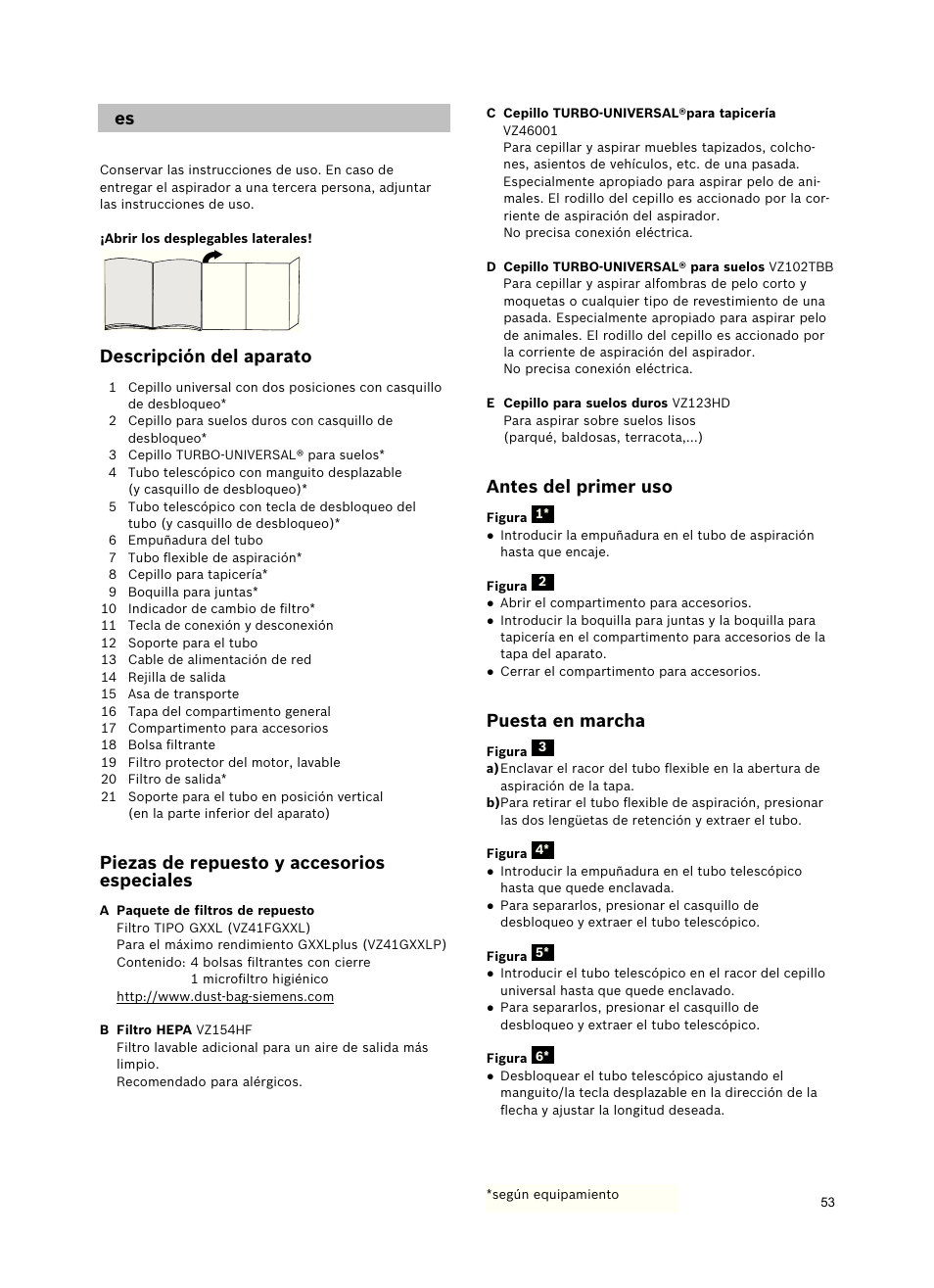 Antes del primer uso, Puesta en marcha, Descripción del aparato | Piezas de repuesto y accesorios especiales | Siemens VSZ5GPX2 User Manual | Page 59 / 94