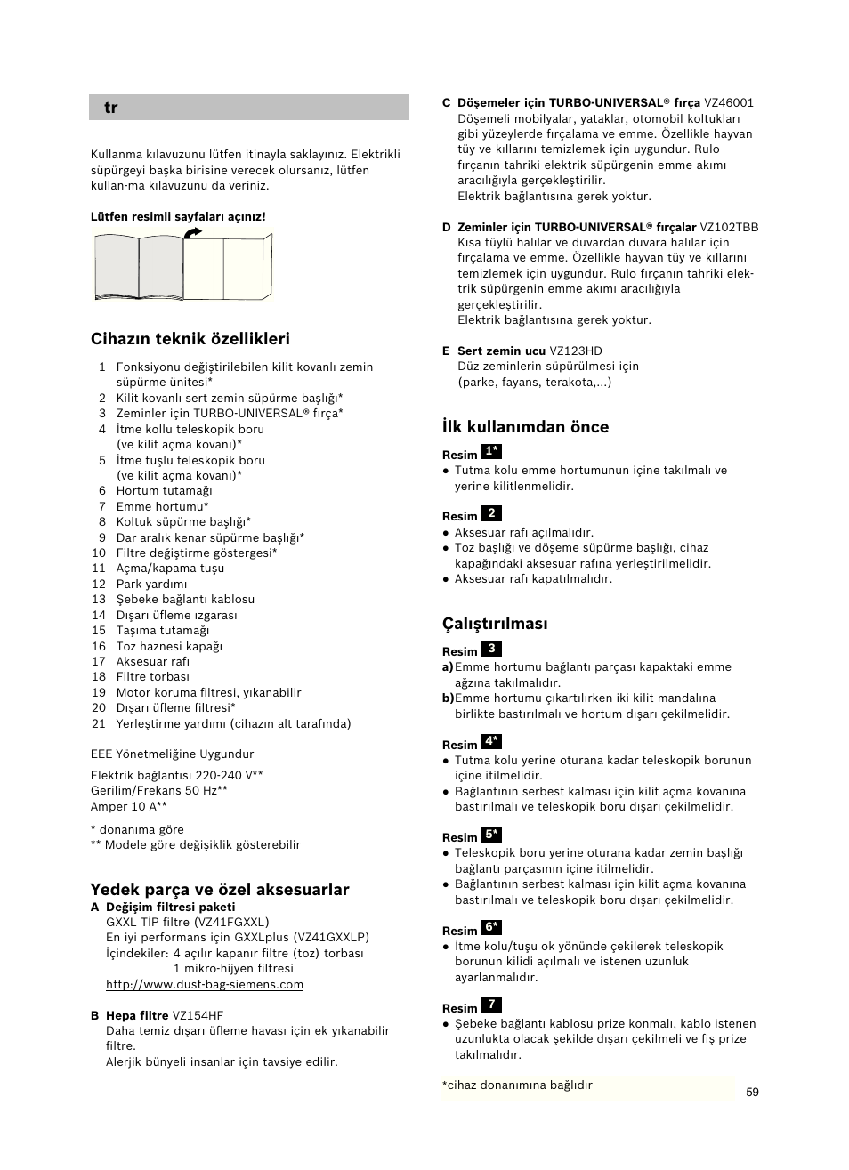 Cihazın teknik özellikleri, Yedek parça ve özel aksesuarlar, Ilk kullanımdan önce | Çalıştırılması | Siemens VSZ5GPX2 User Manual | Page 65 / 94