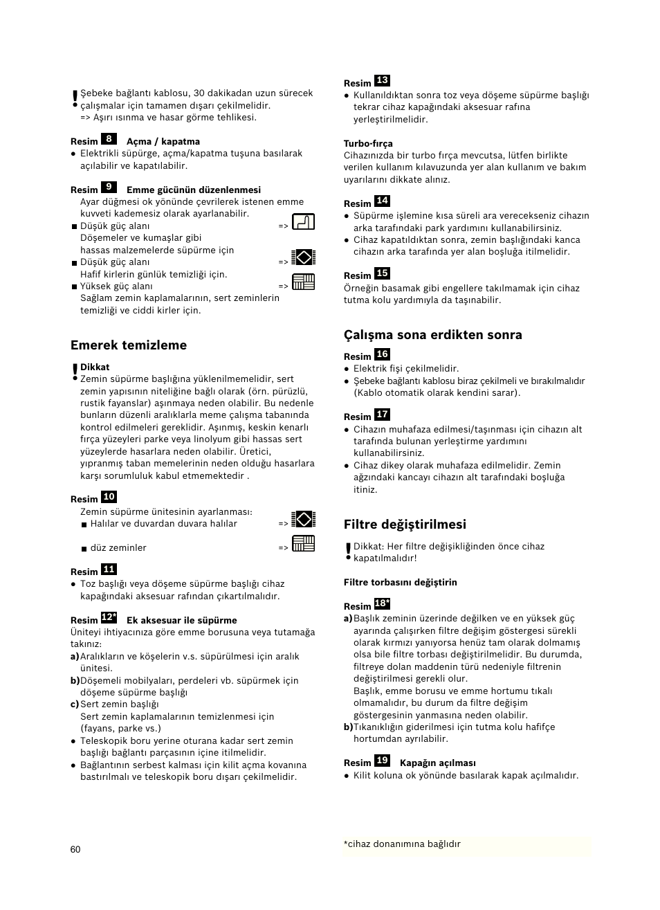 Emerek temizleme, Çalışma sona erdikten sonra, Filtre değiştirilmesi | Siemens VSZ5GPX2 User Manual | Page 66 / 94