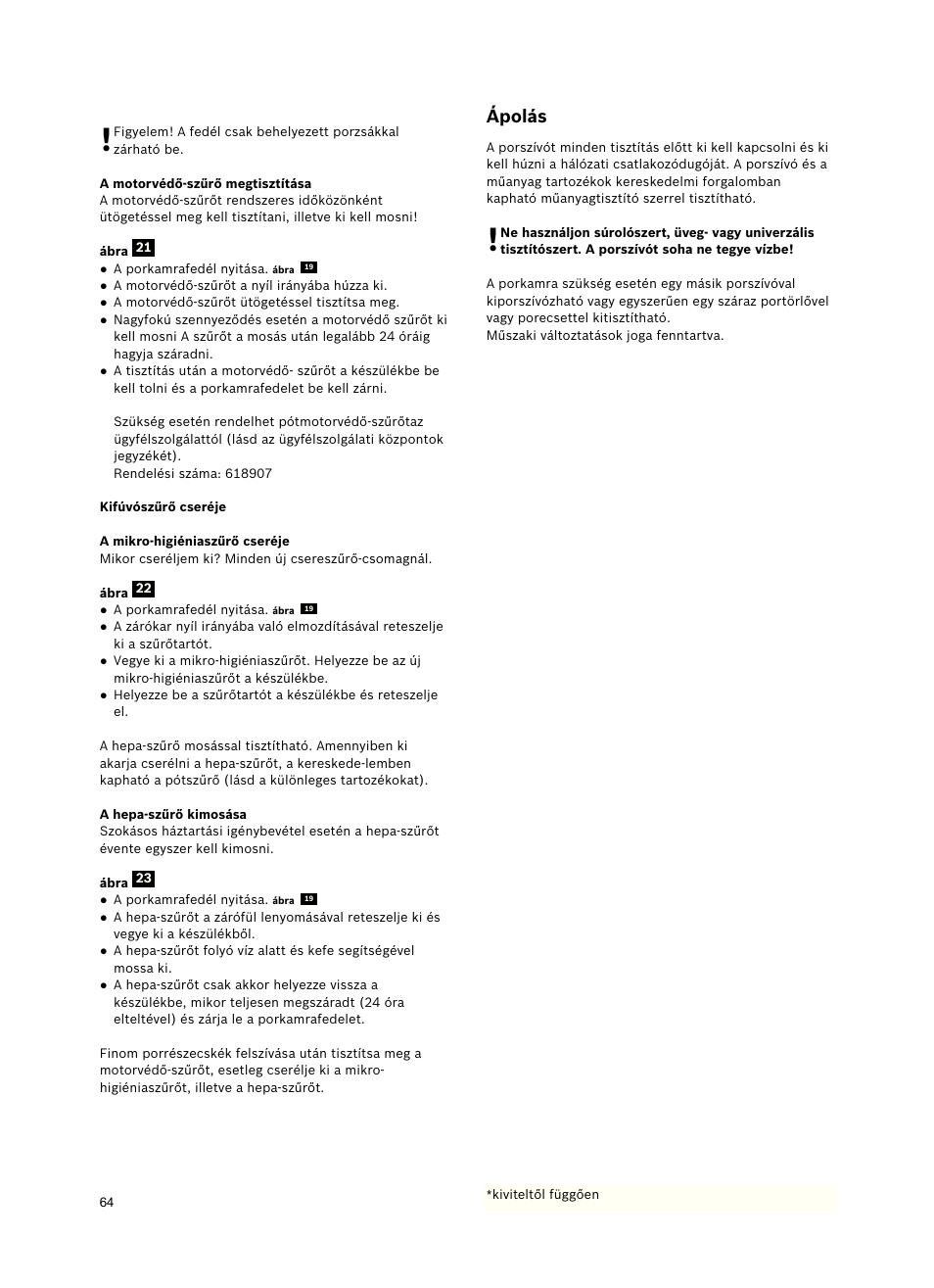 Ápolás | Siemens VSZ5GPX2 User Manual | Page 70 / 94