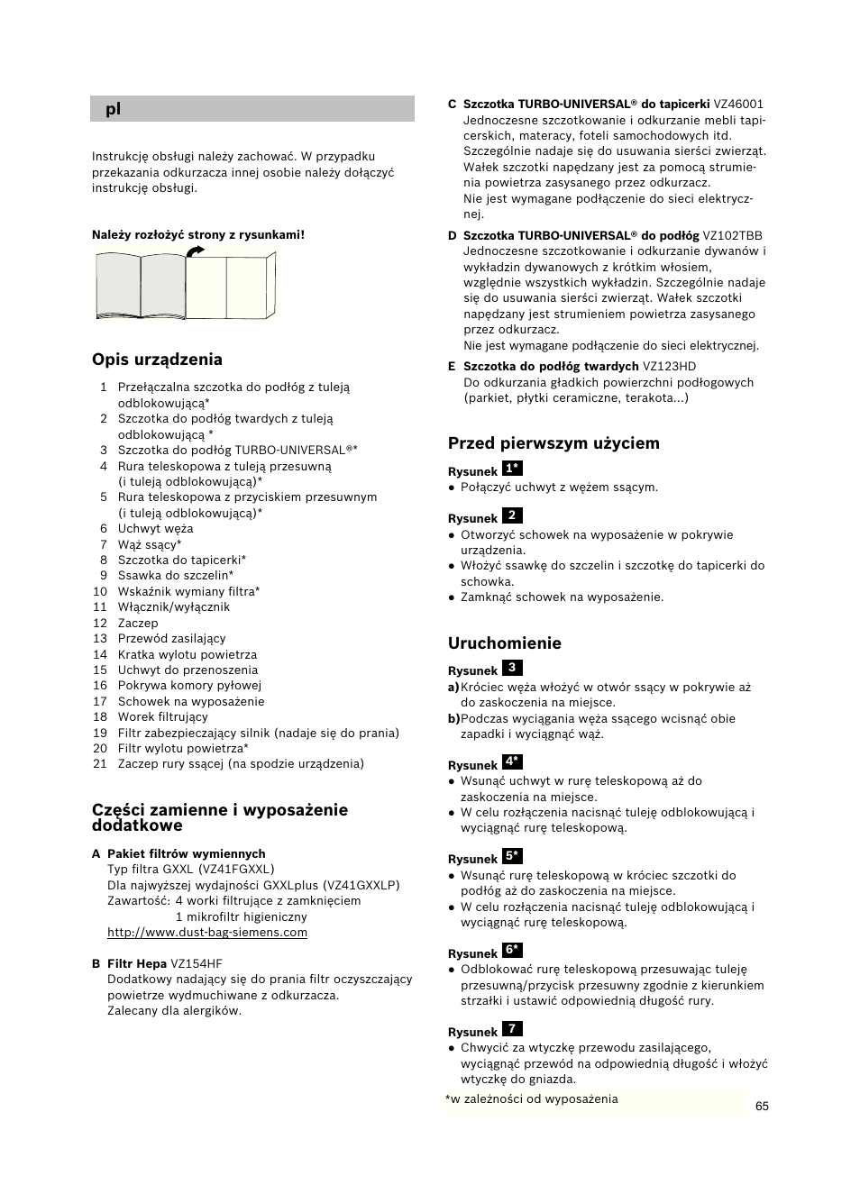 Opis urządzenia, Części zamienne i wyposażenie dodatkowe, Przed pierwszym użyciem | Uruchomienie | Siemens VSZ5GPX2 User Manual | Page 71 / 94