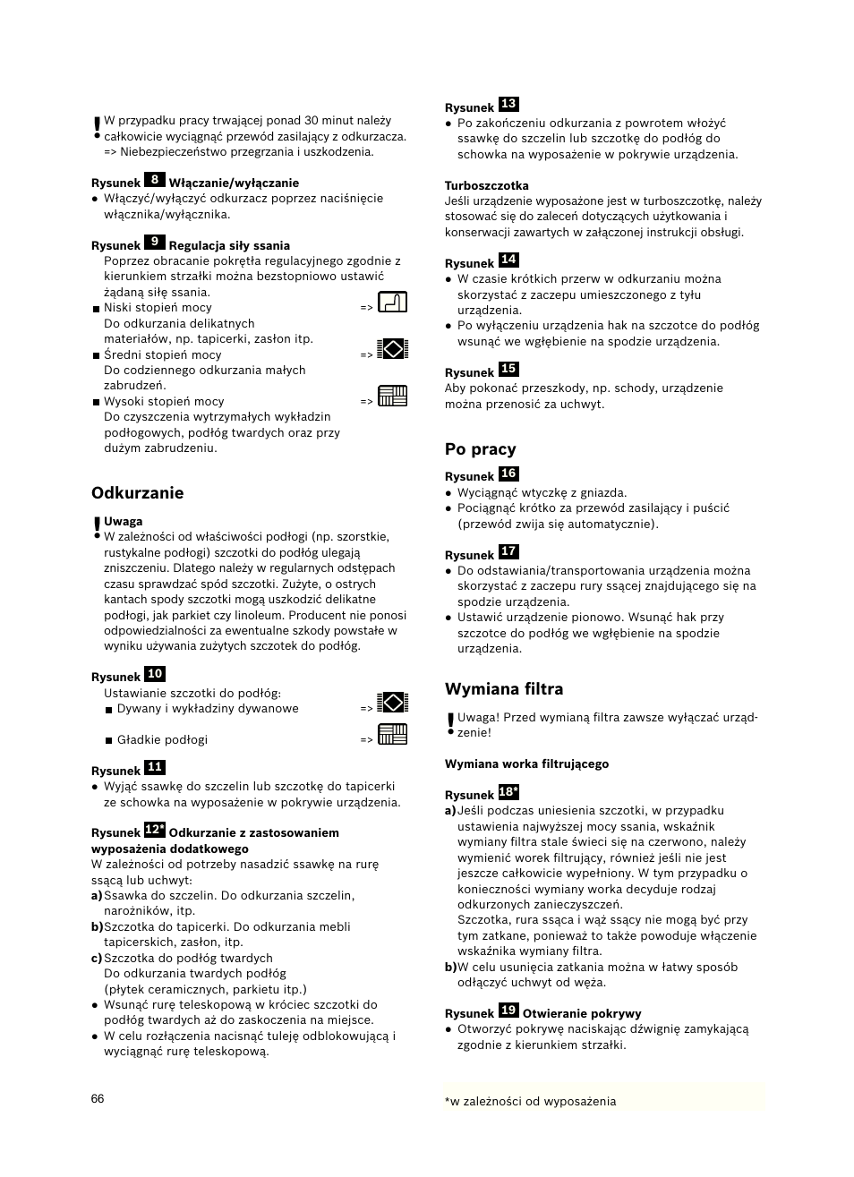 Po pracy, Wymiana ﬁltra, Odkurzanie | Siemens VSZ5GPX2 User Manual | Page 72 / 94