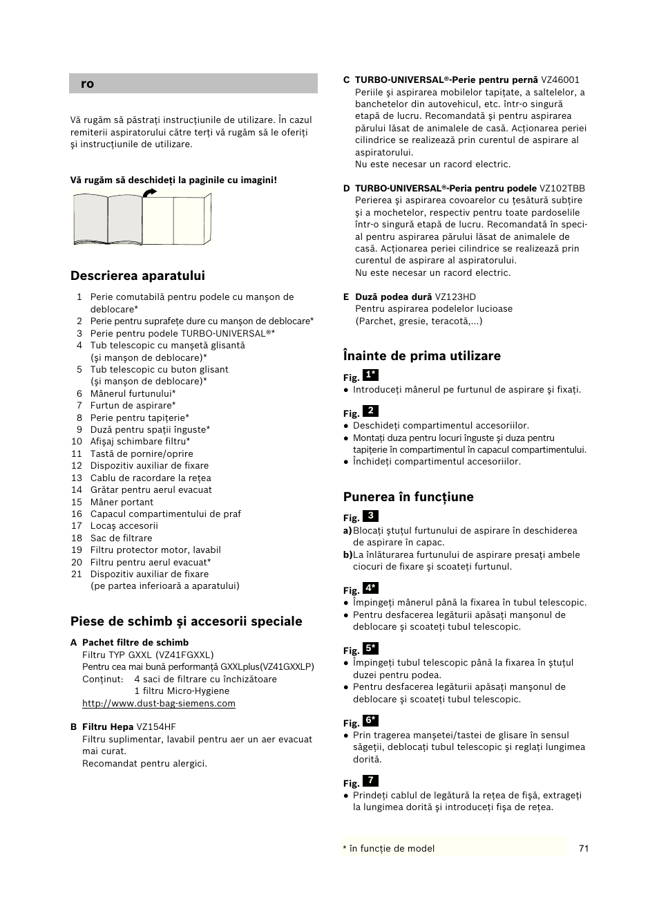 Descrierea aparatului, Piese de schimb şi accesorii speciale, Înainte de prima utilizare | Punerea în funcţiune | Siemens VSZ5GPX2 User Manual | Page 77 / 94