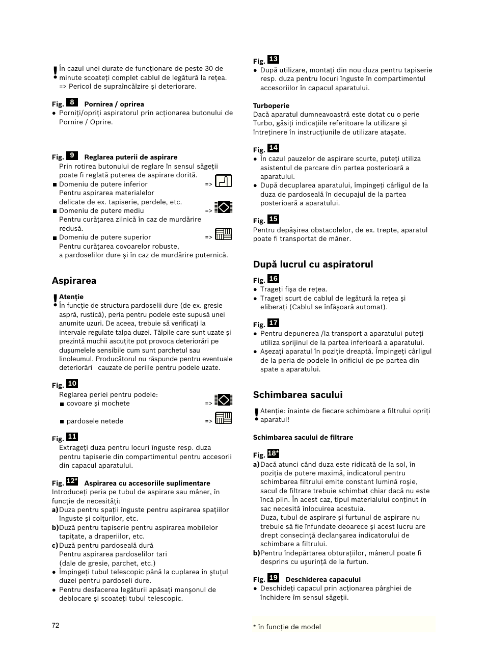 După lucrul cu aspiratorul, Schimbarea sacului, Aspirarea | Siemens VSZ5GPX2 User Manual | Page 78 / 94