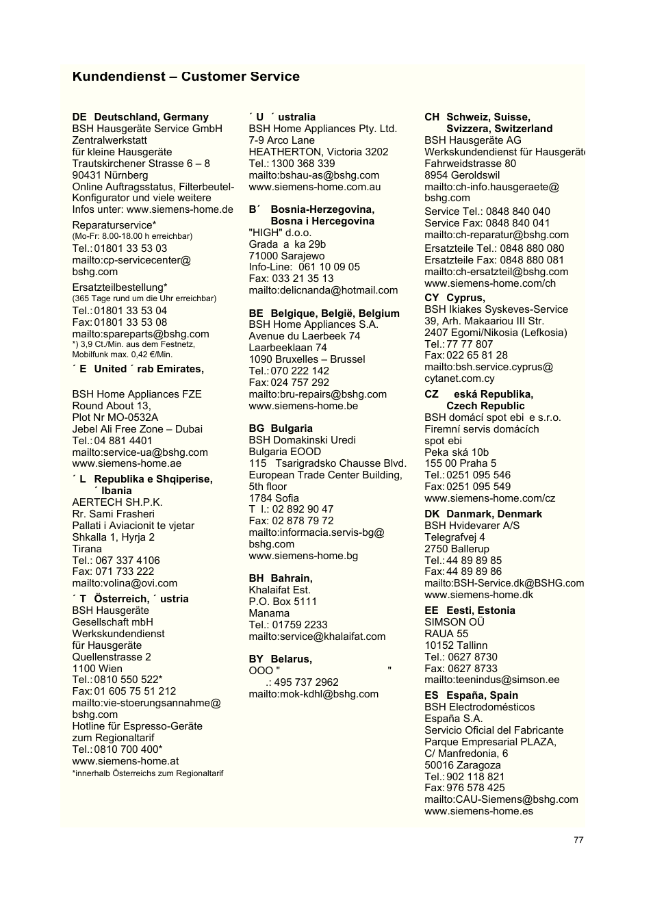 リαゲエよ, Kundendienst – customer service | Siemens VSZ5GPX2 User Manual | Page 83 / 94