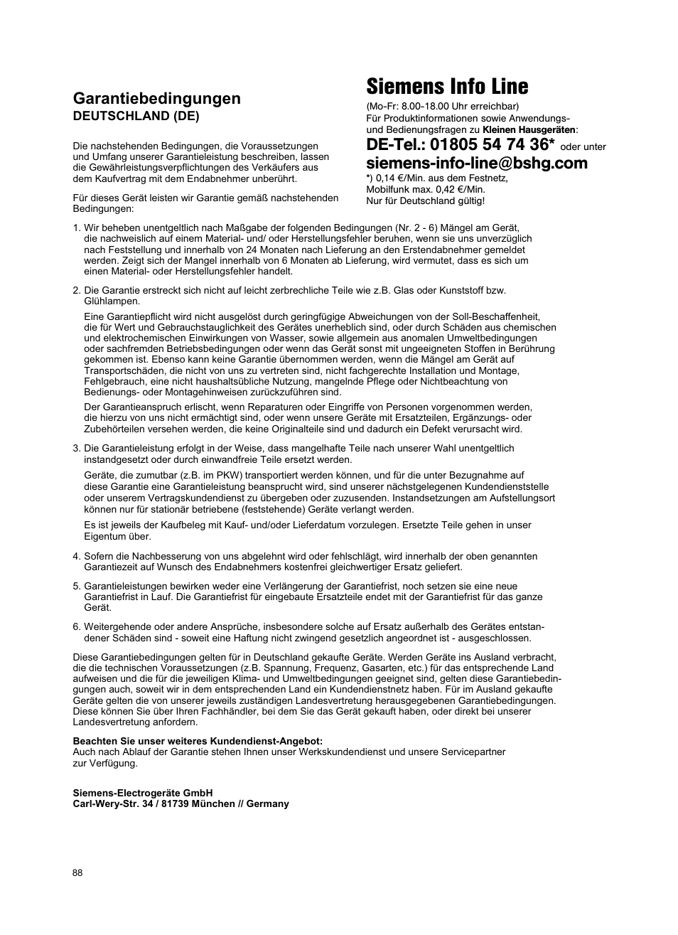 Siemens info line, Garantiebedingungen | Siemens VSZ5GPX2 User Manual | Page 93 / 94