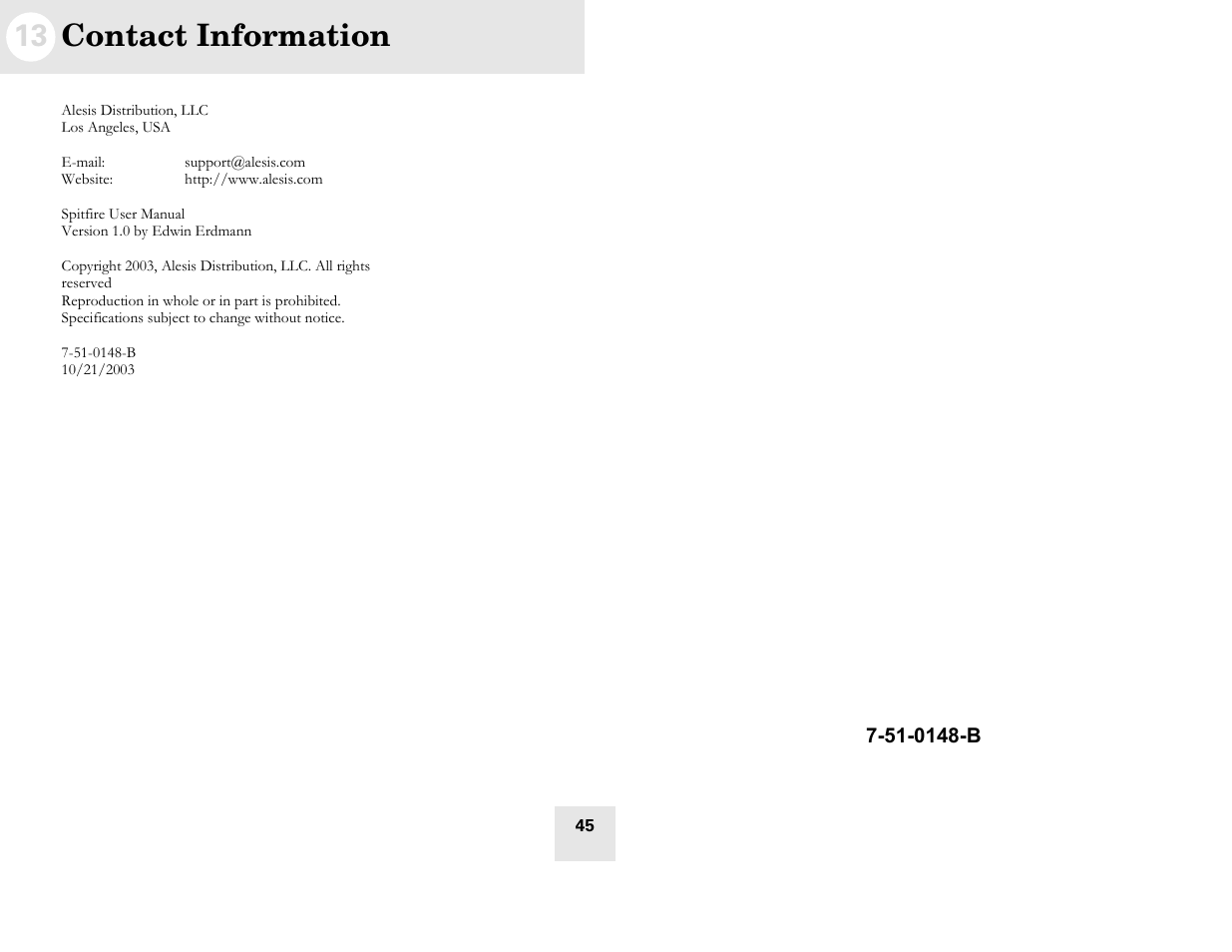 13 contact information | ALESIS Spitfire 60 User Manual | Page 48 / 48