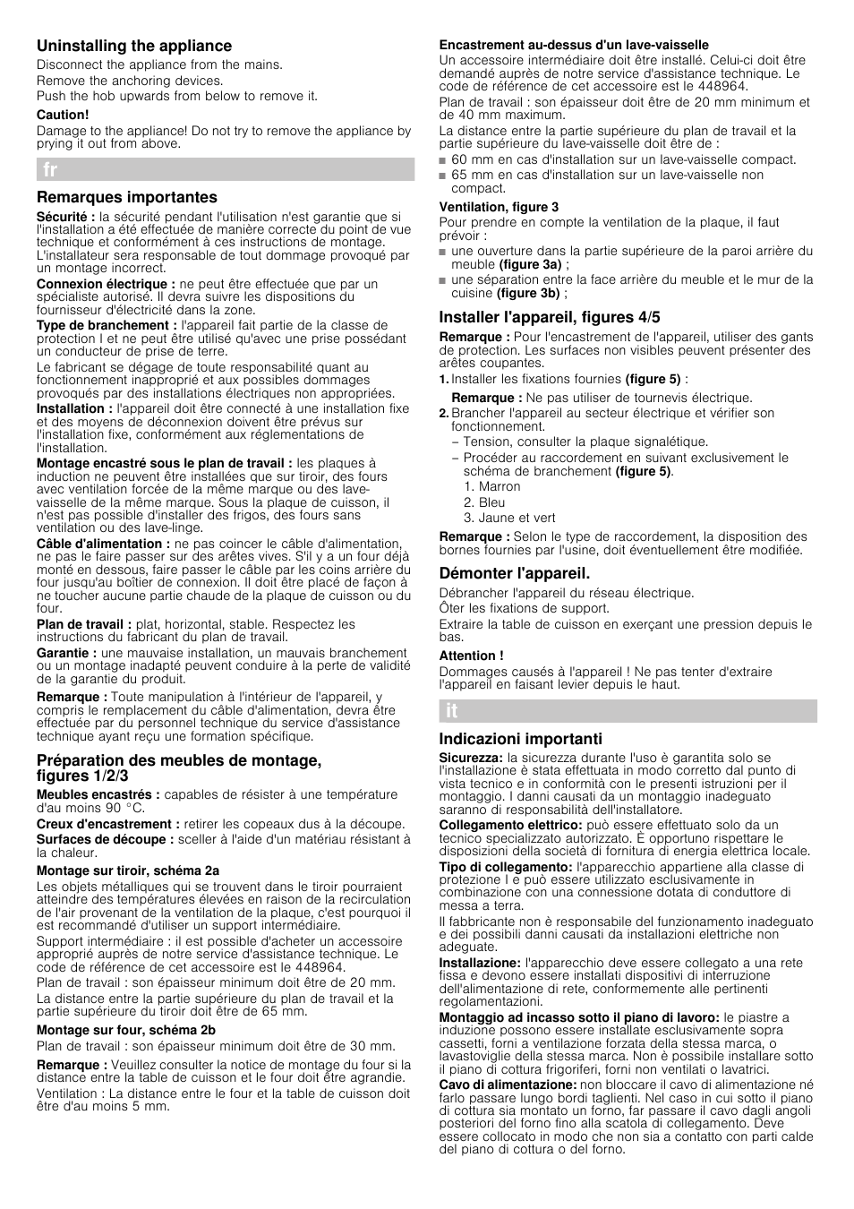 Uninstalling the appliance, Caution, Remarques importantes | Remarque, Préparation des meubles de montage, figures 1/2/3, Montage sur tiroir, schéma 2a, Montage sur four, schéma 2b, Encastrement au-dessus d'un lave-vaisselle, Ventilation, figure 3, Installer l'appareil, figures 4/5 | Siemens EH475MG11E User Manual | Page 5 / 13