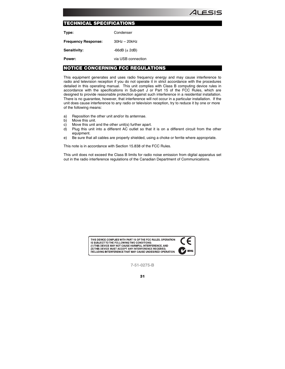 Technical specifications, Notice concerning fcc regulations | ALESIS AM3 User Manual | Page 33 / 36