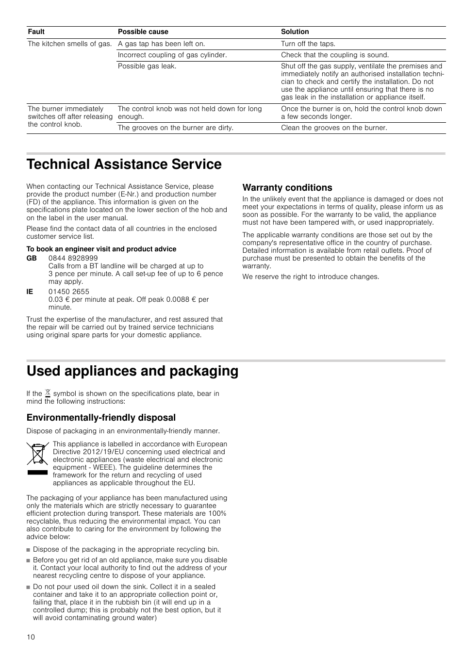 Technical assistance service, To book an engineer visit and product advice, Warranty conditions | Used appliances and packaging, Environmentally-friendly disposal | Siemens EC645PB90E User Manual | Page 10 / 32