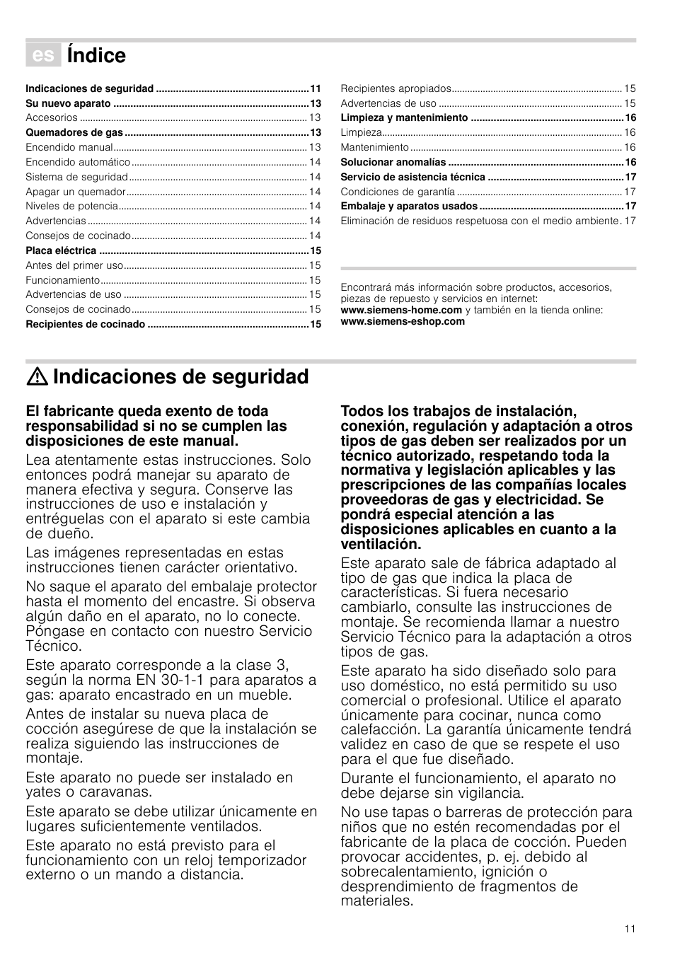 Û índice[es] instrucciones de uso, Indicaciones de seguridad, Índice | Siemens EC645PB90E User Manual | Page 11 / 32