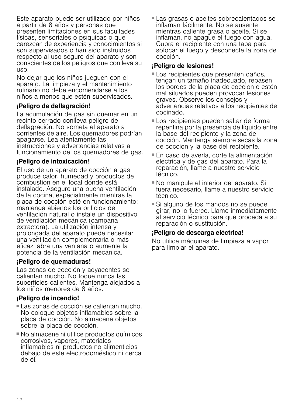 Peligro de deflagración, Peligro de intoxicación, Peligro de quemaduras | Peligro de incendio, Peligro de lesiones, Peligro de descarga eléctrica | Siemens EC645PB90E User Manual | Page 12 / 32