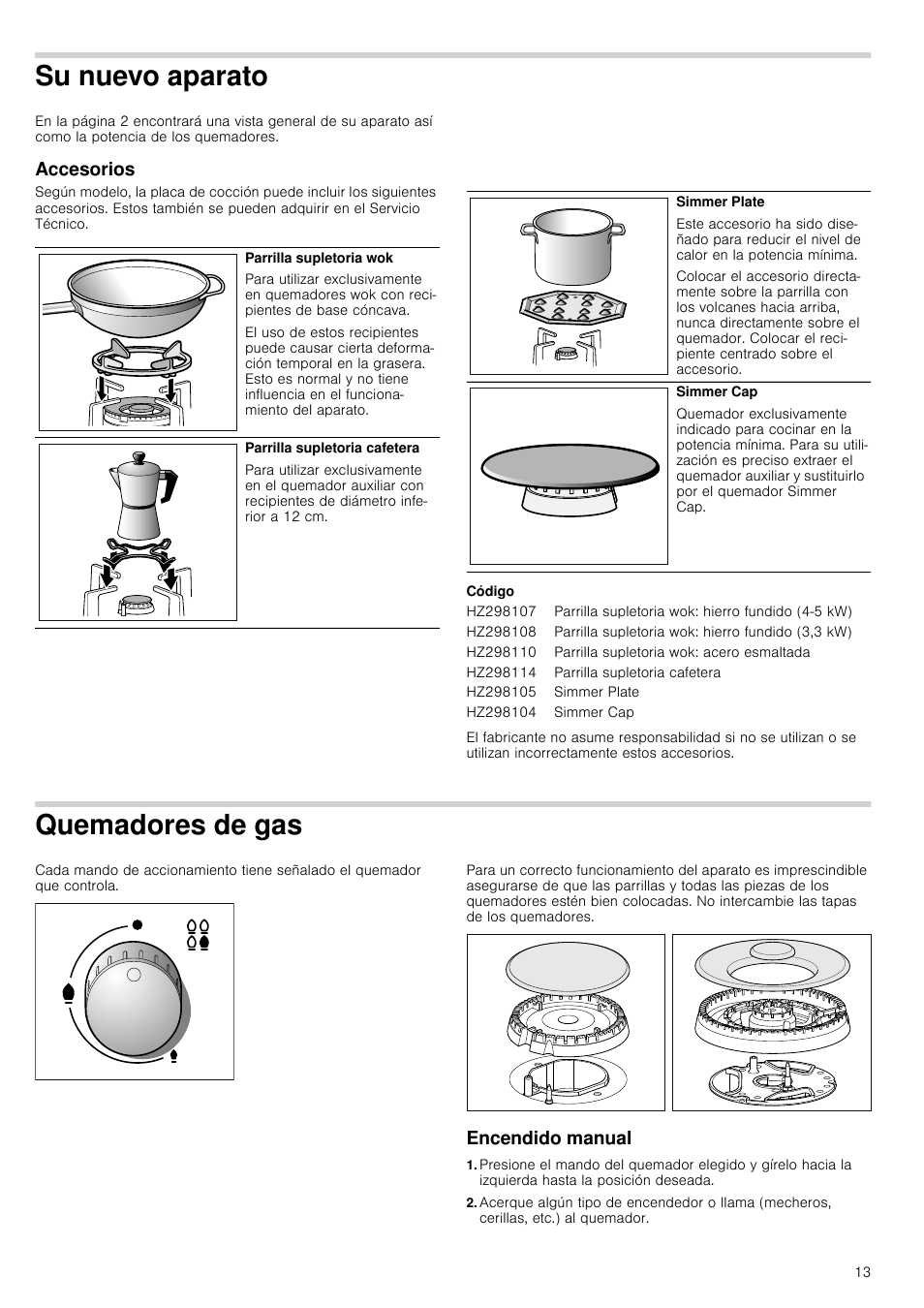 Su nuevo aparato, Accesorios, Código | Quemadores de gas, Encendido manual | Siemens EC645PB90E User Manual | Page 13 / 32