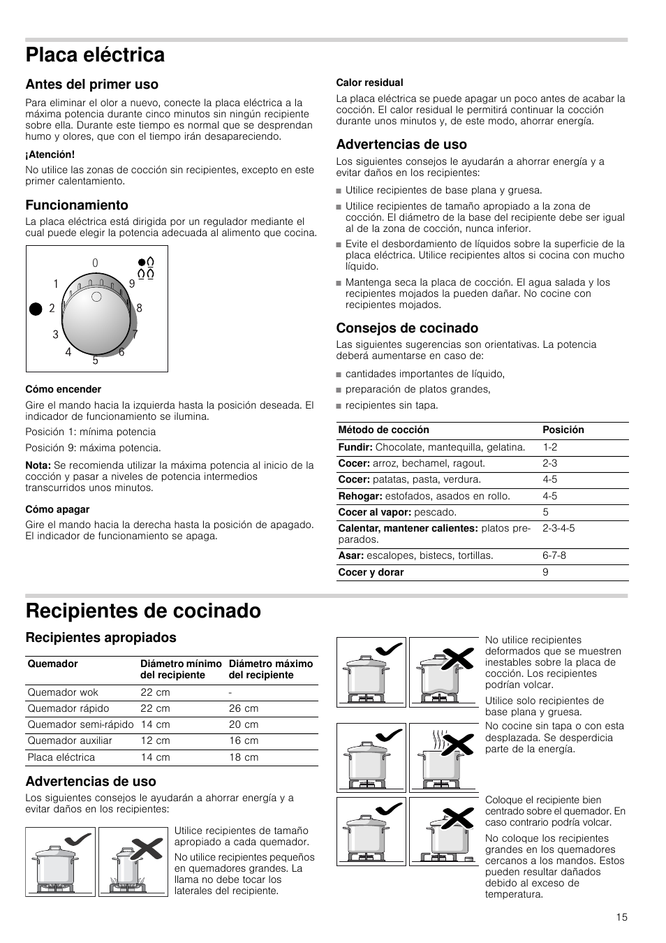 Placa eléctrica, Antes del primer uso, Atención | Funcionamiento, Cómo encender, Nota, Cómo apagar, Calor residual, Advertencias de uso, Consejos de cocinado | Siemens EC645PB90E User Manual | Page 15 / 32