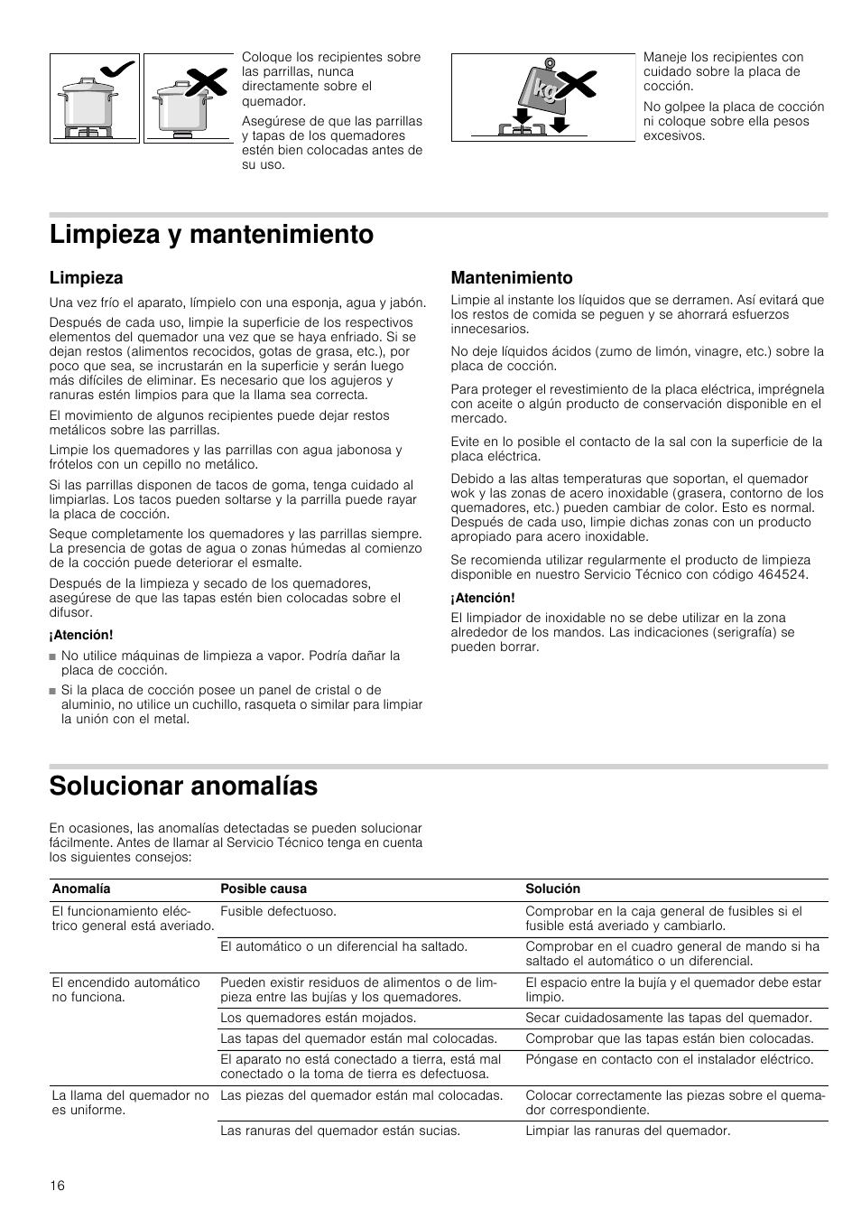 Limpieza y mantenimiento, Limpieza, Atención | Mantenimiento, Solucionar anomalías, O limpieza | Siemens EC645PB90E User Manual | Page 16 / 32