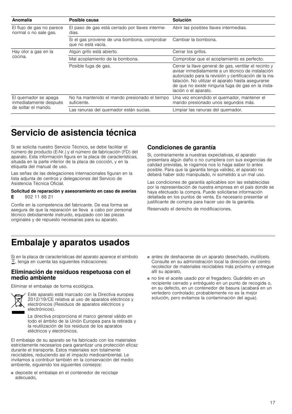 Servicio de asistencia técnica, Condiciones de garantía, Embalaje y aparatos usados | Écnica condiciones de garantía, Os usados | Siemens EC645PB90E User Manual | Page 17 / 32