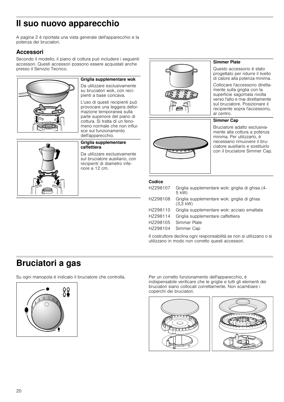 Il suo nuovo apparecchio, Accessori, Codice | Bruciatori a gas | Siemens EC645PB90E User Manual | Page 20 / 32