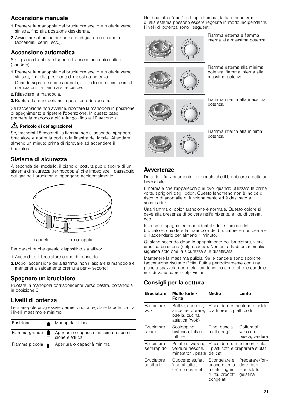 Accensione manuale, Accensione automatica, Rilasciare la manopola | Ruotare la manopola nella posizione desiderata, Pericolo di deflagrazione, Sistema di sicurezza, Accendere il bruciatore come di consueto, Spegnere un bruciatore, Livelli di potenza, Avvertenze | Siemens EC645PB90E User Manual | Page 21 / 32