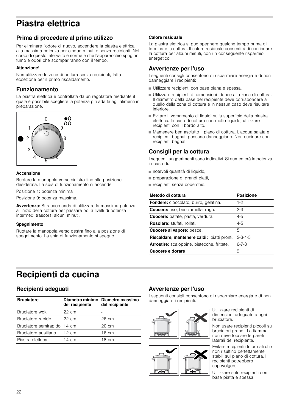 Piastra elettrica, Prima di procedere al primo utilizzo, Attenzione | Funzionamento, Accensione, Avvertenza, Spegnimento, Calore residuale, Avvertenze per l'uso, Consigli per la cottura | Siemens EC645PB90E User Manual | Page 22 / 32