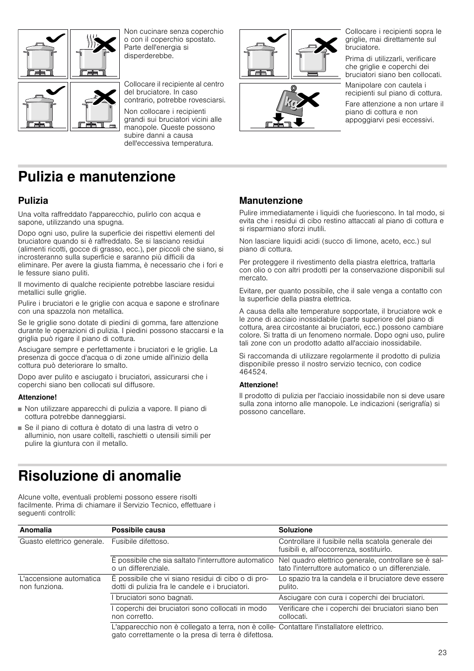 Pulizia e manutenzione, Pulizia, Attenzione | Manutenzione, Risoluzione di anomalie | Siemens EC645PB90E User Manual | Page 23 / 32