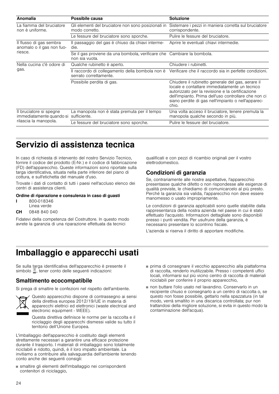 Servizio di assistenza tecnica, Condizioni di garanzia, Imballaggio e apparecchi usati | Smaltimento ecocompatibile, Ecnica condizioni di garanzia, Ecchi usati smaltimento ecocompatibile | Siemens EC645PB90E User Manual | Page 24 / 32