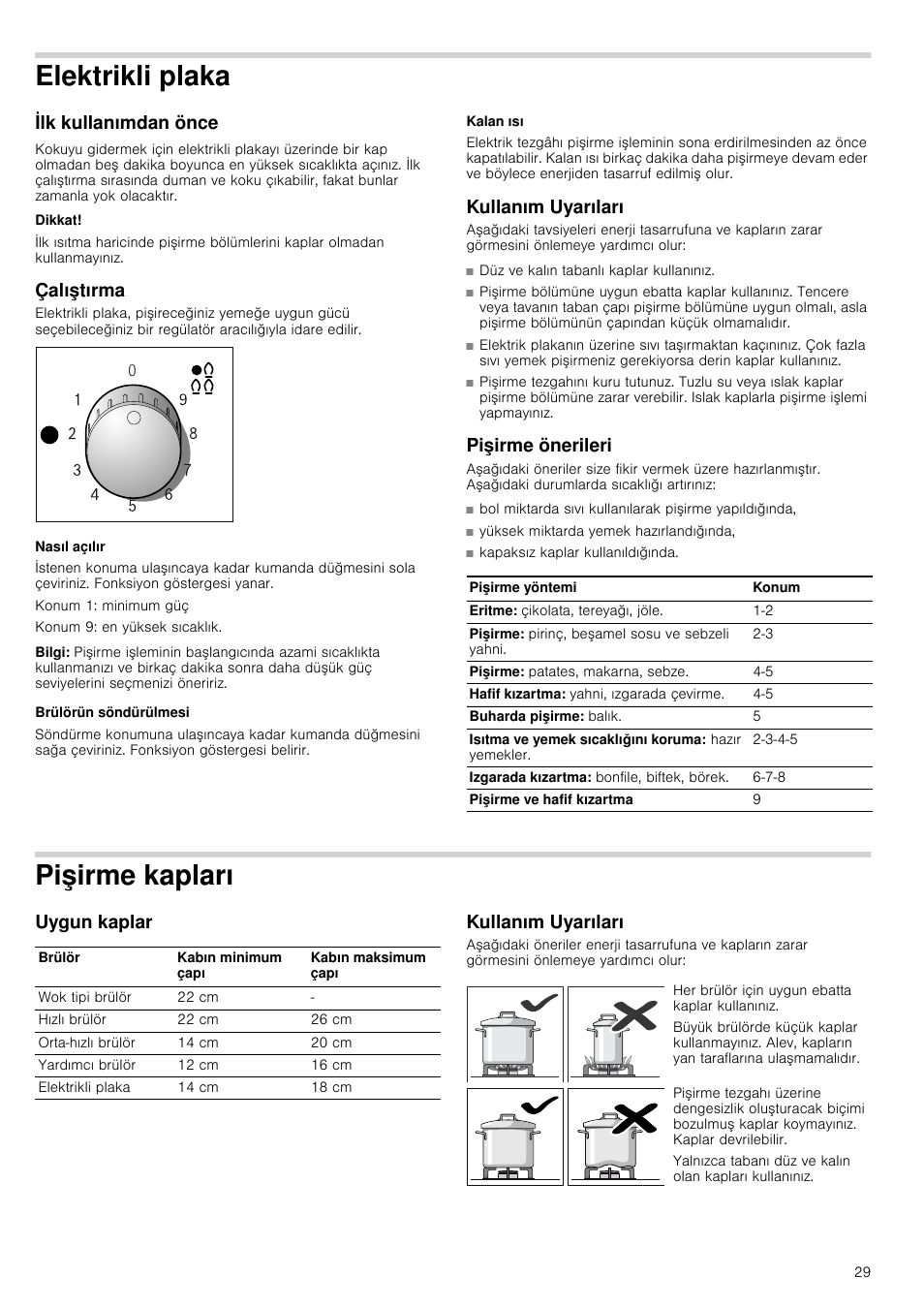 Elektrikli plaka, Ilk kullanımdan önce, Dikkat | Çalıştırma, Nasıl açılır, Bilgi, Brülörün söndürülmesi, Kalan ısı, Kullanım uyarıları, Pişirme önerileri | Siemens EC645PB90E User Manual | Page 29 / 32
