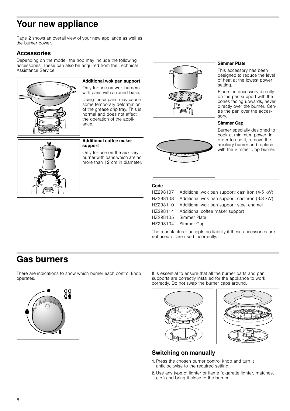 Your new appliance, Accessories, Code | Gas burners, Switching on manually, Accessories gas burners switching on manually | Siemens EC645PB90E User Manual | Page 6 / 32