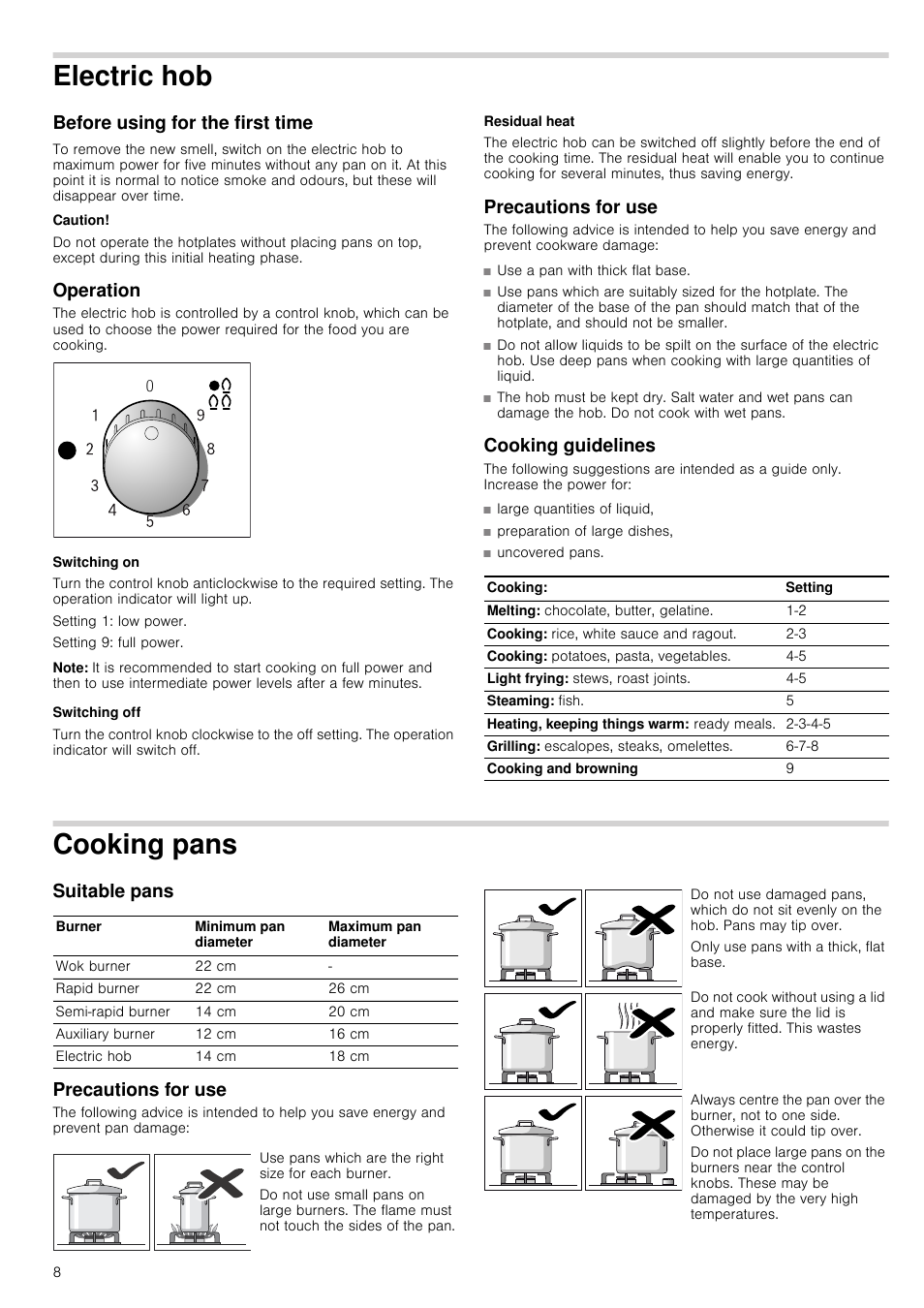 Electric hob, Before using for the first time, Caution | Operation, Switching on, Note, Switching off, Residual heat, Precautions for use, Cooking guidelines | Siemens EC645PB90E User Manual | Page 8 / 32