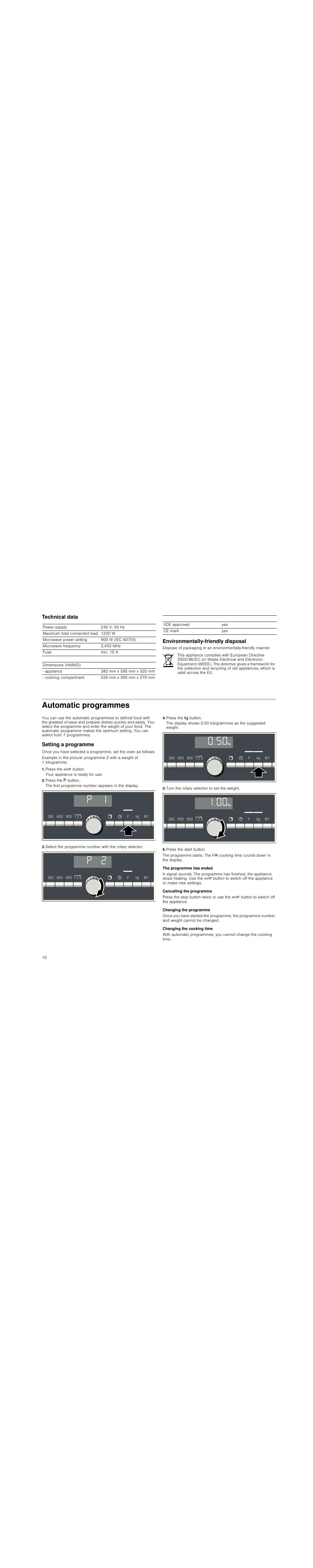 Technical data, Environmentally-friendly disposal, Automatic programmes | Setting a programme, Press the ž button, Press the g button, The first programme number appears in the display, Press the h button, Turn the rotary selector to set the weight, Press the start button | Siemens HF25M5L2 User Manual | Page 10 / 48