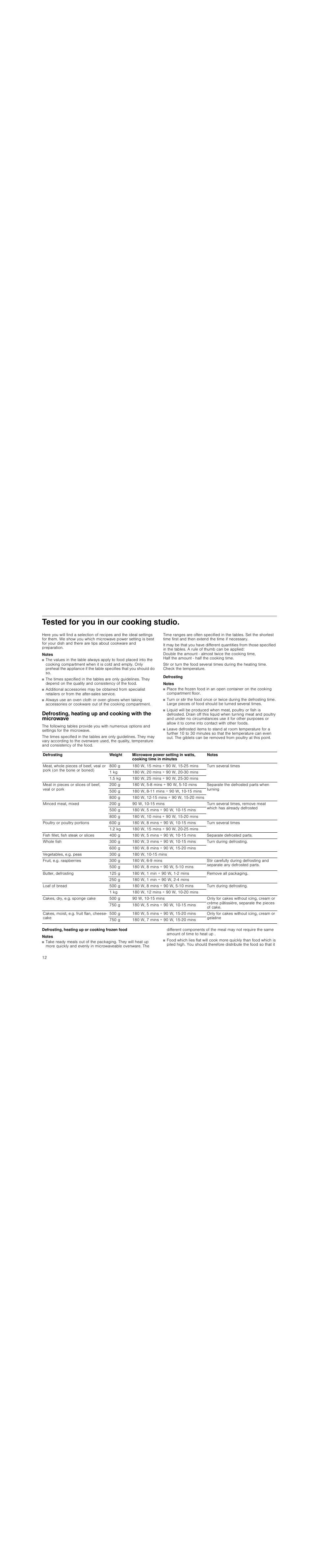 Tested for you in our cooking studio, Notes, Defrosting | Defrosting, heating up or cooking frozen food | Siemens HF25M5L2 User Manual | Page 12 / 48