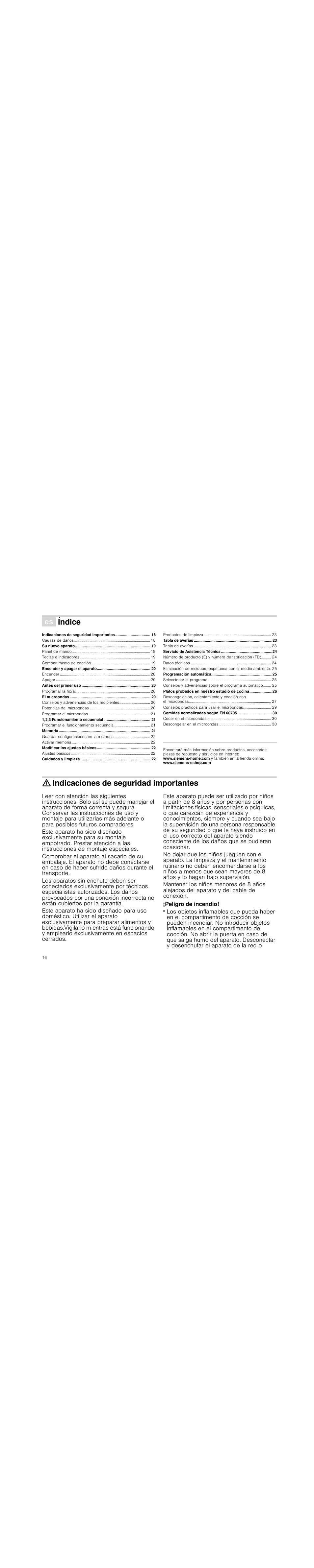 Û índice[es] instrucciones de uso, Indicaciones de seguridad importantes, Peligro de incendio | Índice | Siemens HF25M5L2 User Manual | Page 16 / 48