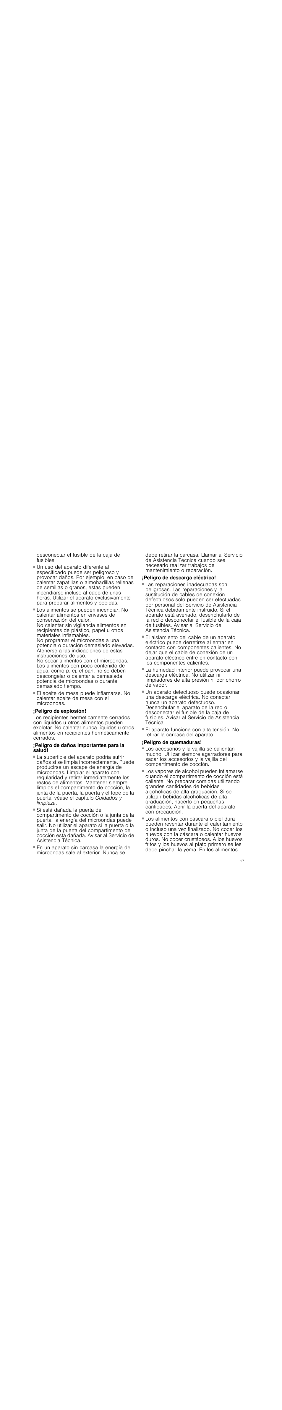 Peligro de incendio, Peligro de explosión, Peligro de daños importantes para la salud | Peligro de descarga eléctrica, Peligro de quemaduras | Siemens HF25M5L2 User Manual | Page 17 / 48