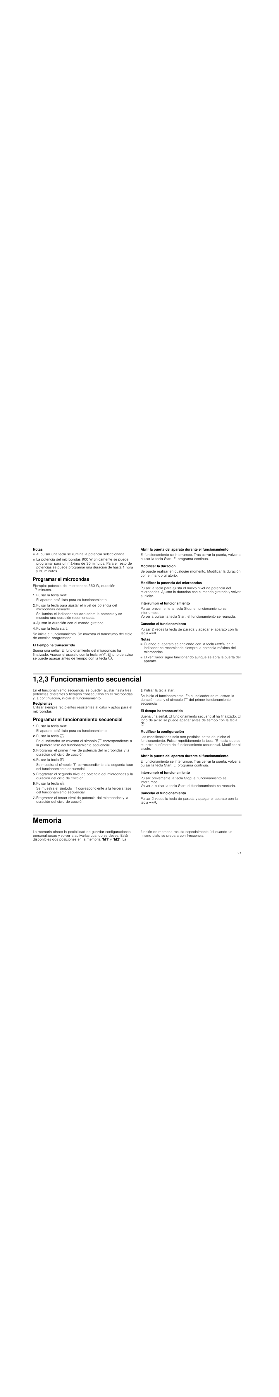 Notas, Programar el microondas, Pulsar la tecla ž | Ajustar la duración con el mando giratorio, Pulsar la tecla start, El tiempo ha transcurrido, Modificar la duración, Modificar la potencia del microondas, Interrumpir el funcionamiento, Cancelar el funcionamiento | Siemens HF25M5L2 User Manual | Page 21 / 48