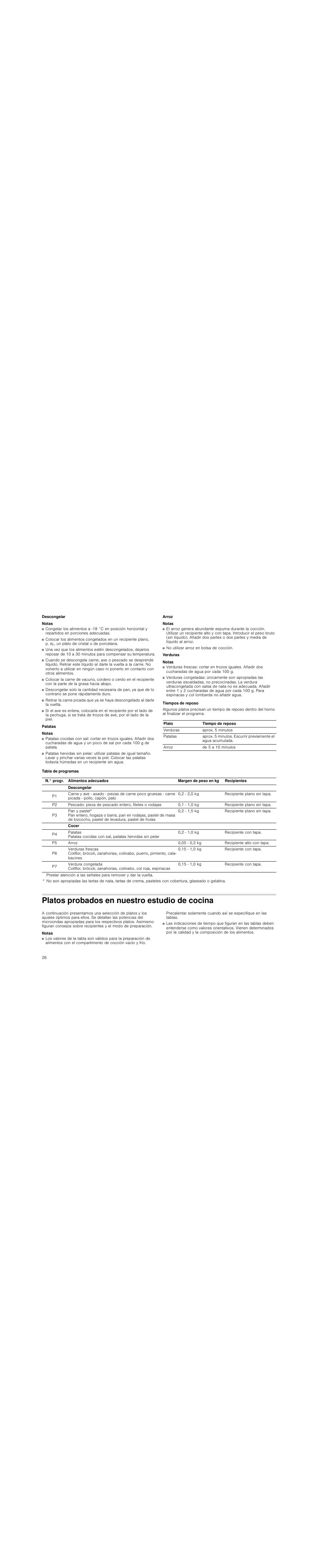 Descongelar, Notas, Patatas | Arroz, Verduras, Tiempos de reposo, Platos probados en nuestro estudio de cocina | Siemens HF25M5L2 User Manual | Page 26 / 48