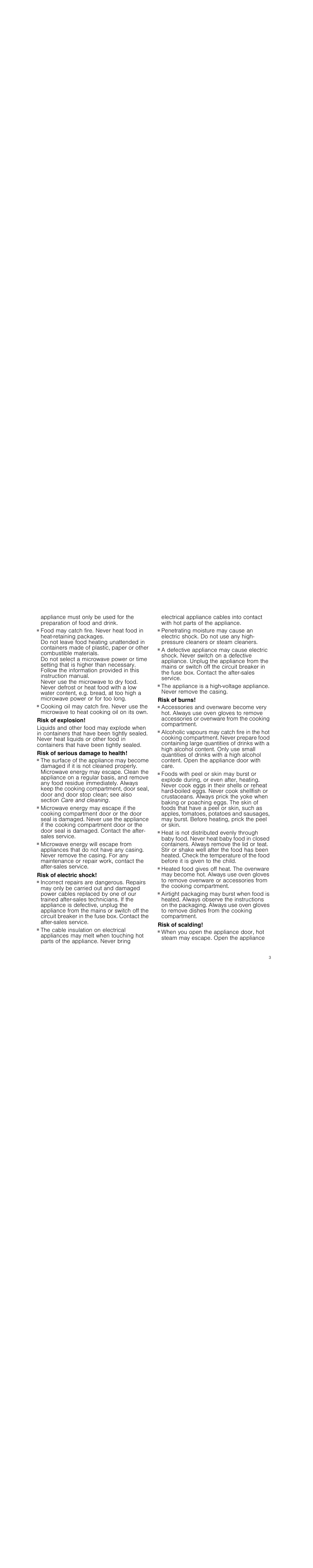 Risk of fire, Risk of explosion, Risk of serious damage to health | Risk of electric shock, Risk of burns, Risk of scalding | Siemens HF25M5L2 User Manual | Page 3 / 48