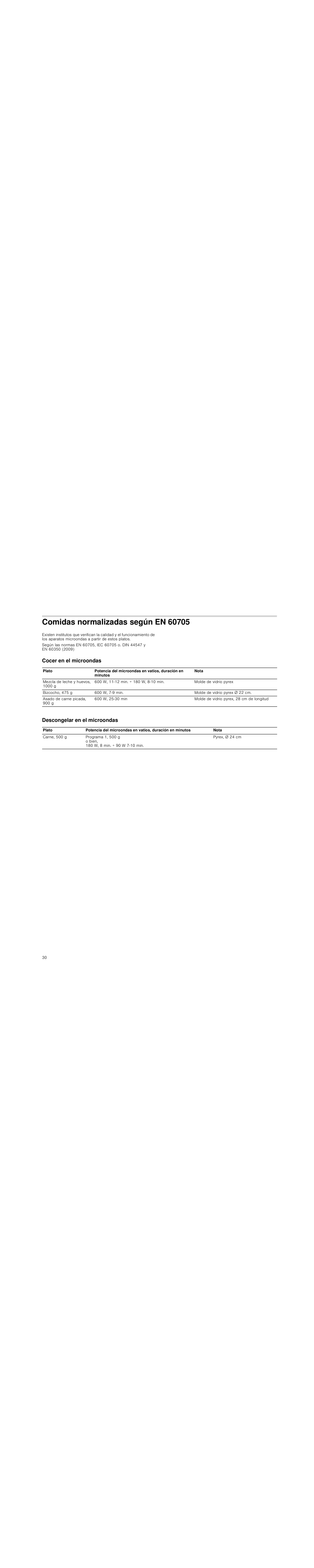 Comidas normalizadas según en 60705, Cocer en el microondas, Descongelar en el microondas | Siemens HF25M5L2 User Manual | Page 30 / 48