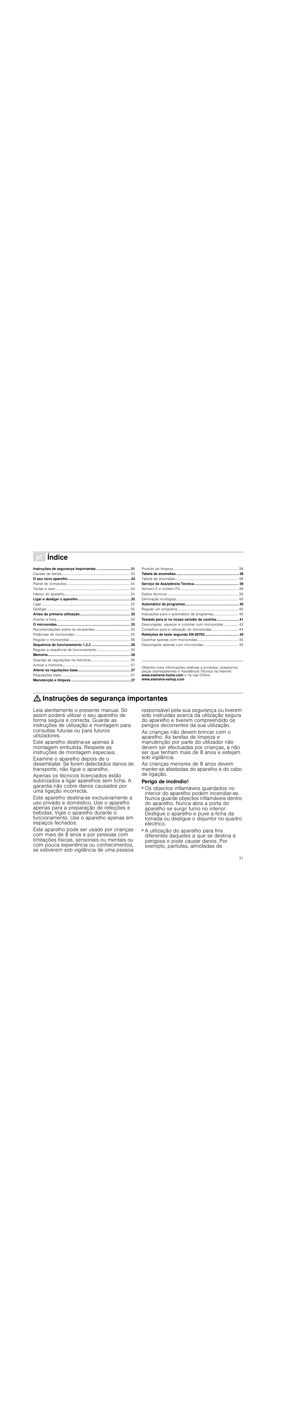 Ì índice[pt] instruções de serviço, Instruções de segurança importantes, Perigo de incêndio | Índice | Siemens HF25M5L2 User Manual | Page 31 / 48