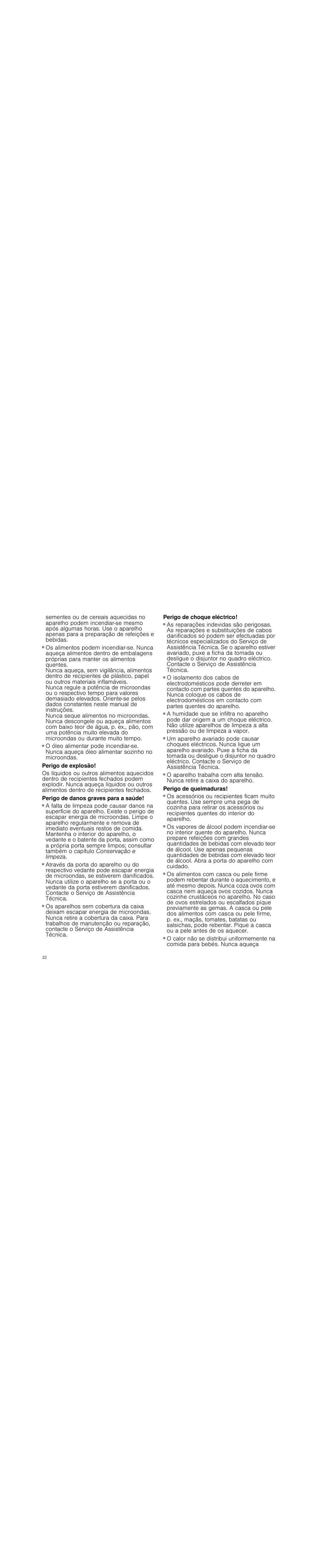 Perigo de incêndio, Perigo de explosão, Perigo de danos graves para a saúde | Perigo de choque eléctrico, Perigo de queimaduras | Siemens HF25M5L2 User Manual | Page 32 / 48