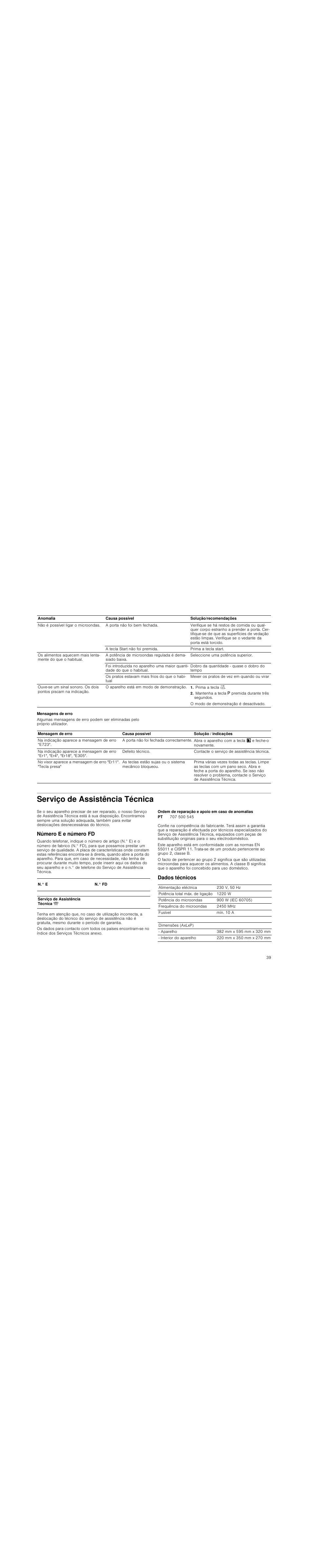 Prima a tecla 2, Mantenha a tecla g premida durante três segundos, Mensagens de erro | Serviço de assistência técnica, Número e e número fd, Ordem de reparação e apoio em caso de anomalias, Dados técnicos | Siemens HF25M5L2 User Manual | Page 39 / 48