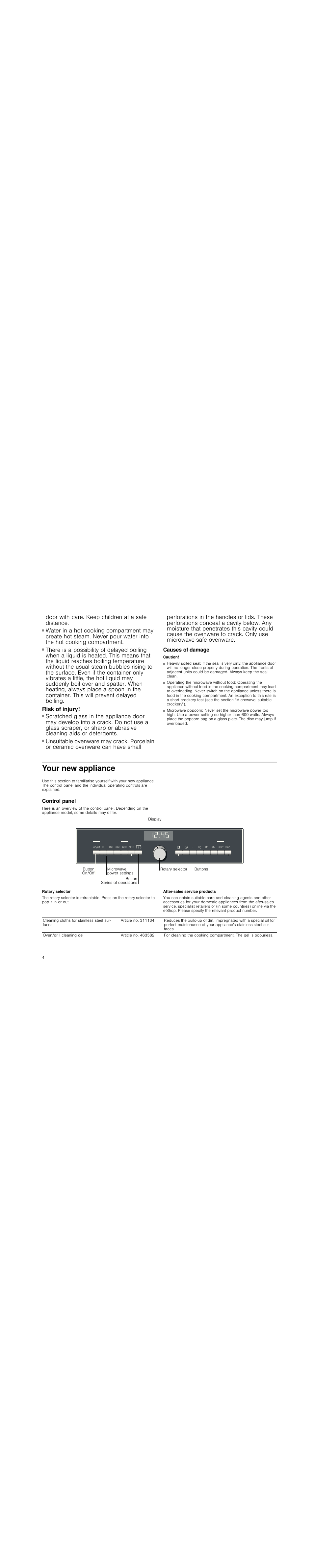 Risk of scalding, Risk of injury, Causes of damage | Caution, Heavily soiled seal, Operating the microwave without food, Microwave popcorn, Your new appliance, Control panel, Rotary selector | Siemens HF25M5L2 User Manual | Page 4 / 48