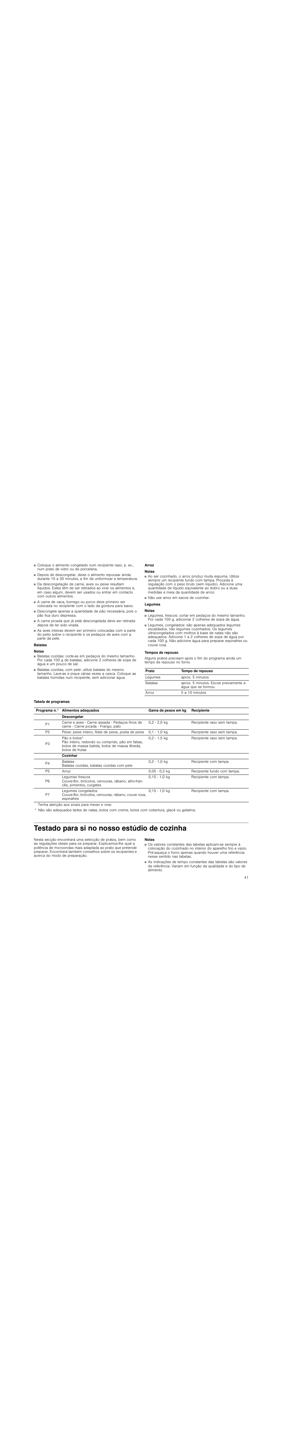 Batatas, Notas, Arroz | Legumes, Tempos de repouso, Testado para si no nosso estúdio de cozinha | Siemens HF25M5L2 User Manual | Page 41 / 48