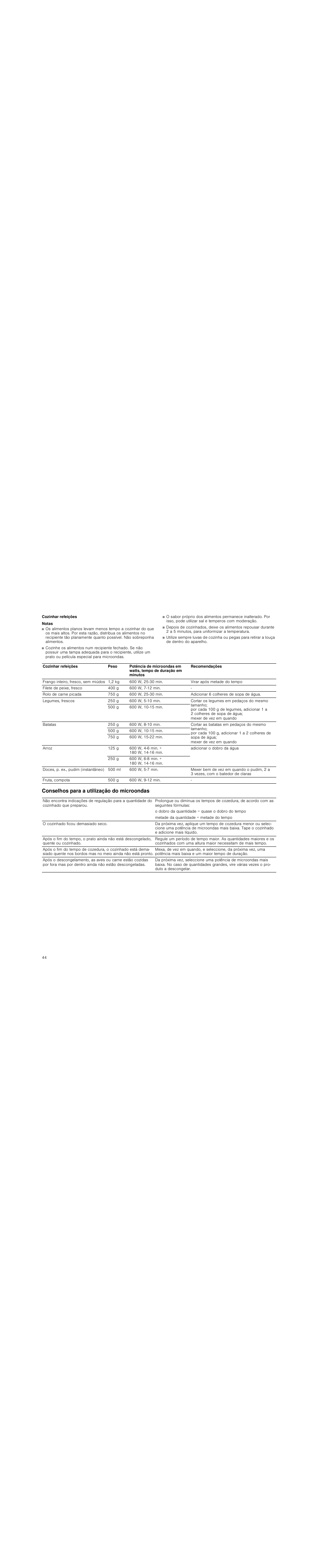 Cozinhar refeições, Notas, Conselhos para a utilização do microondas | Siemens HF25M5L2 User Manual | Page 44 / 48