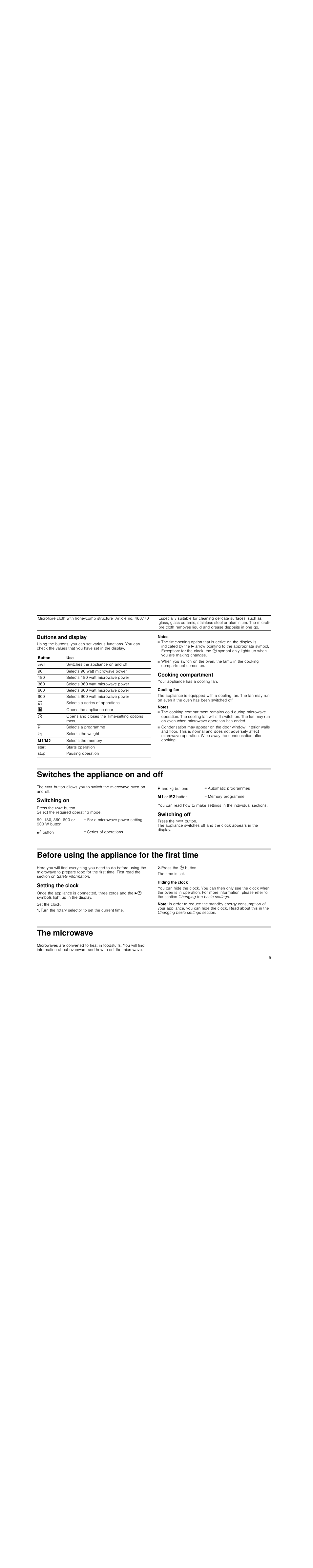 Buttons and display, Notes, Cooking compartment | Cooling fan, Switches the appliance on and off, Switching on, Switching off, Before using the appliance for the first time, Setting the clock, Turn the rotary selector to set the current time | Siemens HF25M5L2 User Manual | Page 5 / 48