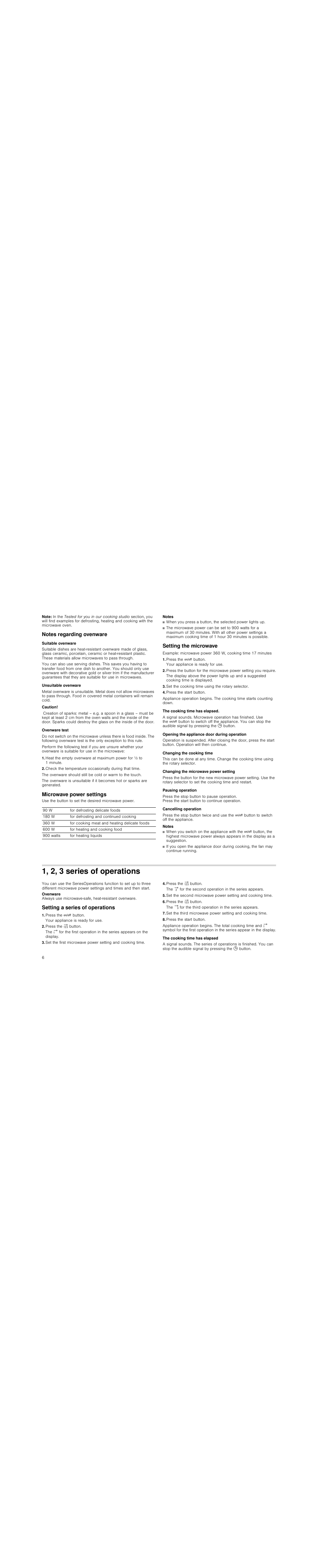 Note, Notes regarding ovenware, Suitable ovenware | Unsuitable ovenware, Caution, Ovenware test, Microwave power settings, Notes, Setting the microwave, Press the ž button | Siemens HF25M5L2 User Manual | Page 6 / 48