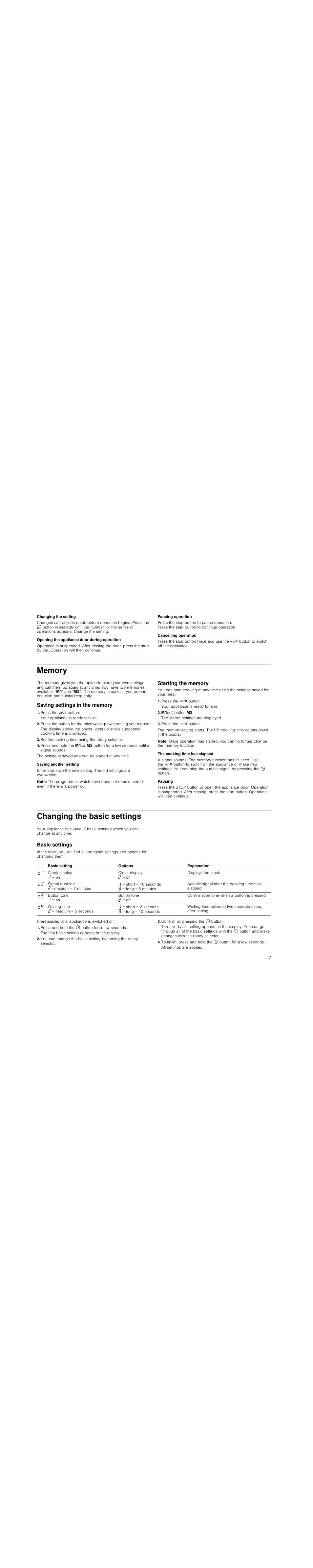 Changing the setting, Opening the appliance door during operation, Pausing operation | Cancelling operation, Memory, Saving settings in the memory, Press the ž button, Set the cooking time using the rotary selector, Saving another setting, Note | Siemens HF25M5L2 User Manual | Page 7 / 48