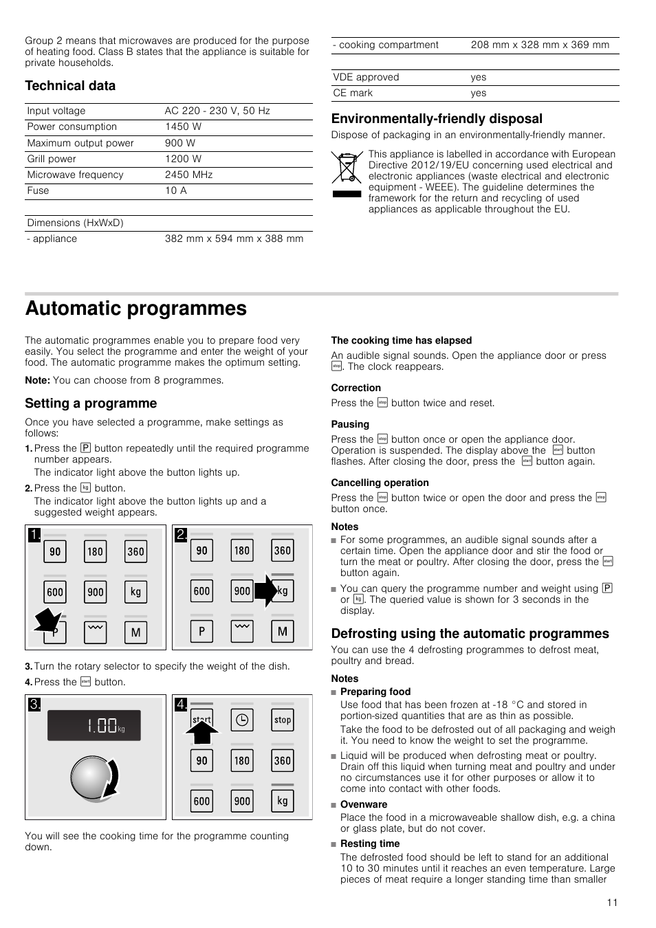 Technical data, Environmentally-friendly disposal, Automatic programmes | Note, Setting a programme, Press the ¼ button, Press the ¹ button, The cooking time has elapsed, Correction, Pausing | Siemens HF24G564 User Manual | Page 11 / 64